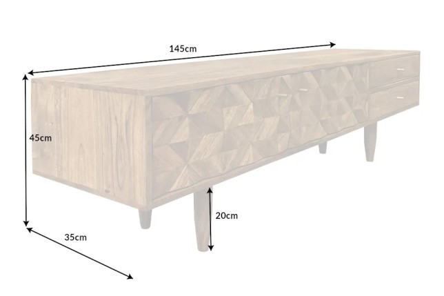 Meuble TV en bois massif d’acacia 145 cm – Finition miel rétro avec poignées dorées