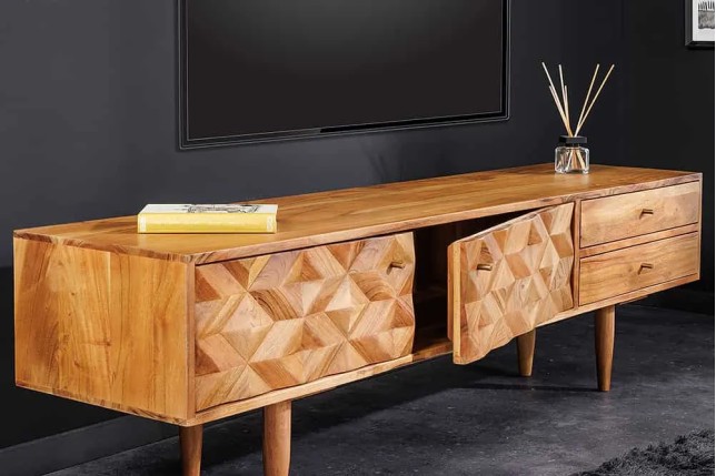Meuble TV en bois massif d’acacia 145 cm – Finition miel rétro avec poignées dorées
