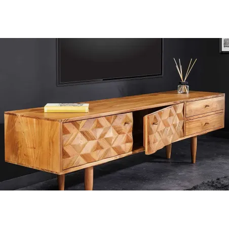 Meuble TV en bois massif d’acacia 145 cm – Finition miel rétro avec poignées dorées