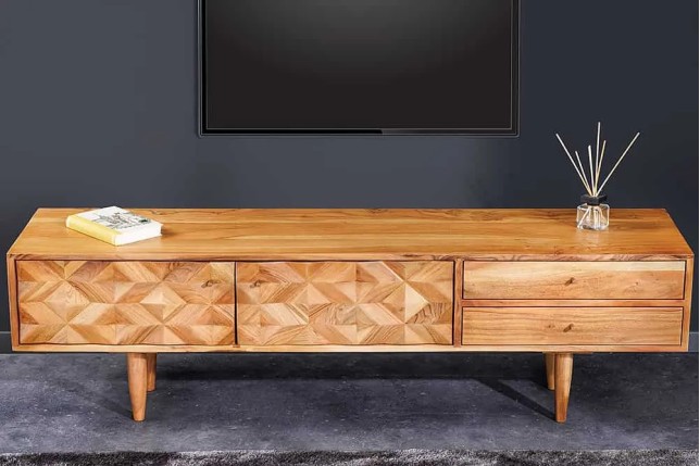Meuble TV en bois massif d’acacia 145 cm – Finition miel rétro avec poignées dorées