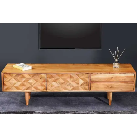 Meuble TV en bois massif d’acacia 145 cm – Finition miel rétro avec poignées dorées
