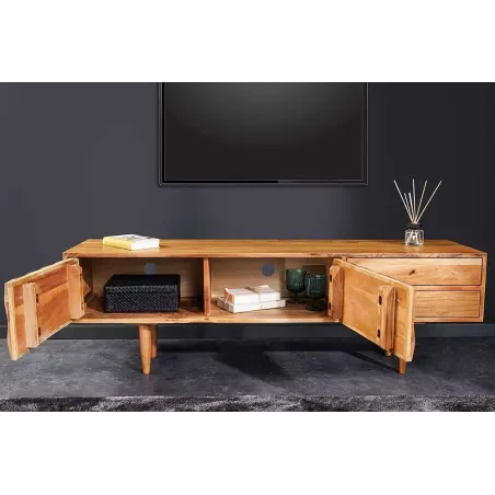 Meuble TV en bois massif d’acacia 145 cm – Finition miel rétro avec poignées dorées
