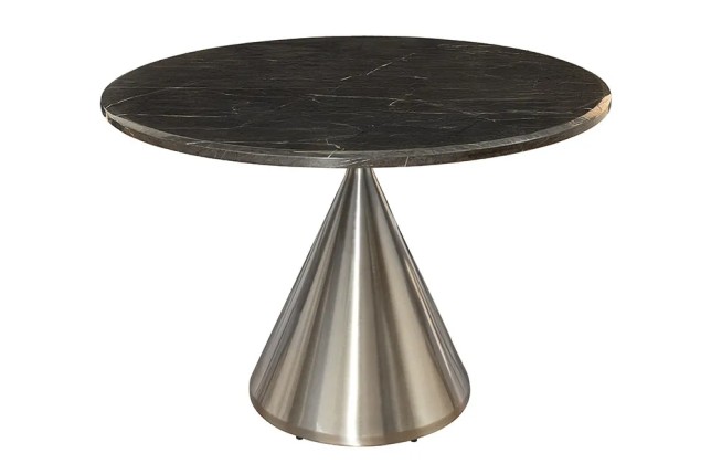 Table ronde ELEGANCIA 130 cm – Plateau en marbre noir et pied colonne en acier chromé