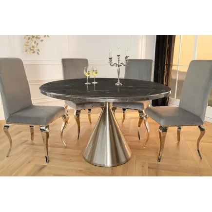 Table ronde ELEGANCIA 130 cm – Plateau en marbre noir et pied colonne en acier chromé