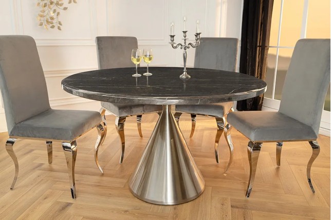 Table ronde ELEGANCIA 130 cm – Plateau en marbre noir et pied colonne en acier chromé