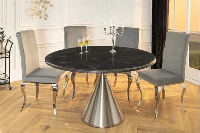 Table ronde ELEGANCIA 130 cm – Plateau en marbre noir et pied colonne en acier chromé