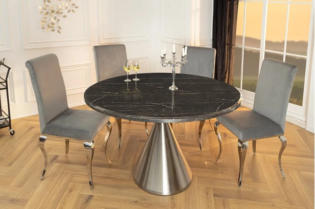 Table ronde ELEGANCIA 130 cm – Plateau en marbre noir et pied colonne en acier chromé