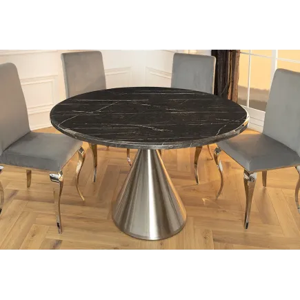 Table ronde ELEGANCIA 130 cm – Plateau en marbre noir et pied colonne en acier chromé 2