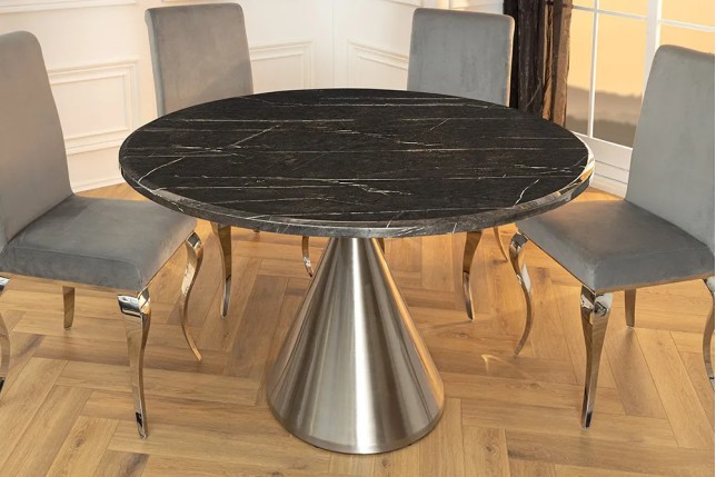 Table ronde ELEGANCIA 130 cm – Plateau en marbre noir et pied colonne en acier chromé