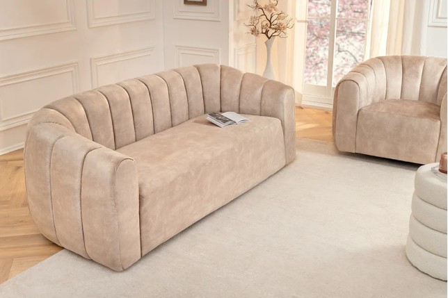 Canapé 3 places BABYLON 200 cm – Velours champagner beige avec surpiqûres décoratives