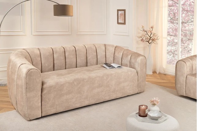 Canapé 3 places BABYLON 200 cm – Velours champagner beige avec surpiqûres décoratives