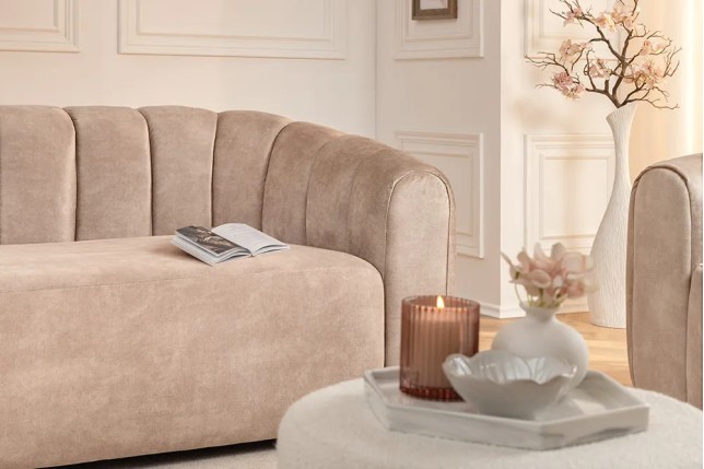 Canapé 3 places BABYLON 200 cm – Velours champagner beige avec surpiqûres décoratives