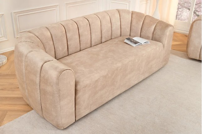 Canapé 3 places BABYLON 200 cm – Velours champagner beige avec surpiqûres décoratives
