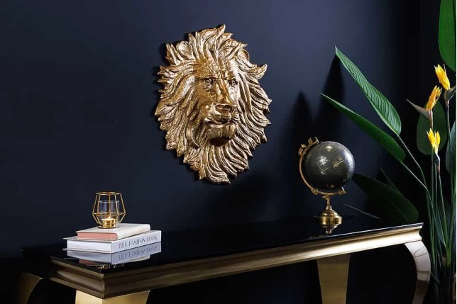 Décoration murale WILDLIFE LION 35 cm – Sculpture tête de lion dorée en métal, handmade