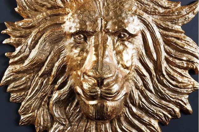 Décoration murale WILDLIFE LION 35 cm – Sculpture tête de lion dorée en métal, handmade