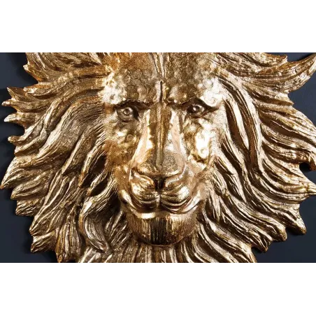 Décoration murale WILDLIFE LION 60 cm – Sculpture tête de lion dorée en métal, handmade