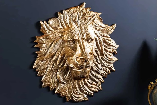Décoration murale WILDLIFE LION 60 cm – Sculpture tête de lion dorée en métal, handmade