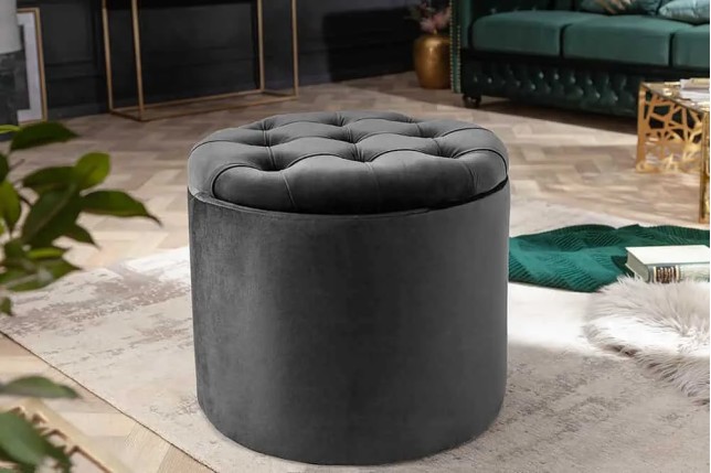 Pouf rond moderne baroque 50 cm – Velours gris avec rangement intégré