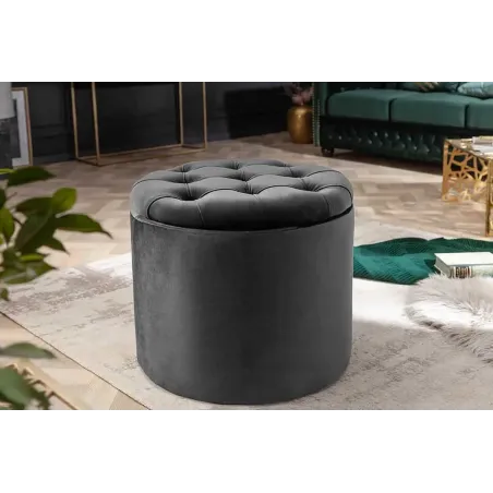 Pouf rond moderne baroque 50 cm – Velours gris avec rangement intégré