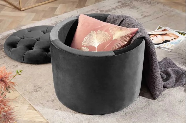 Pouf rond moderne baroque 50 cm – Velours gris avec rangement intégré