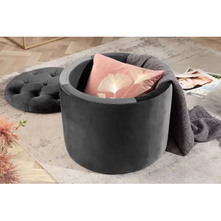 Pouf rond moderne baroque 50 cm – Velours gris avec rangement intégré
