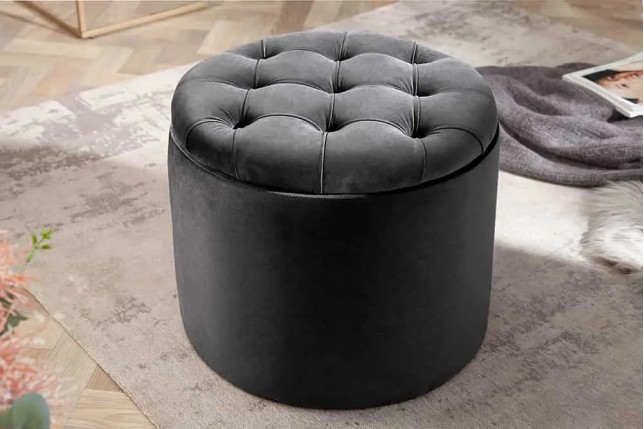 Pouf rond moderne baroque 50 cm – Velours gris avec rangement intégré