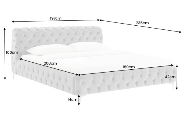 Lit double MODERN BAROCK 180x200 cm – Velours gris Chesterfield avec pieds argentés