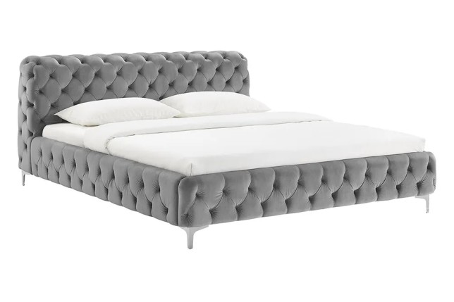 Lit double MODERN BAROCK 180x200 cm – Velours gris Chesterfield avec pieds argentés