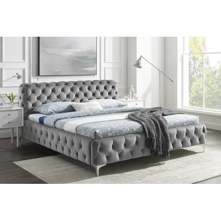 Lit double MODERN BAROCK 180x200 cm – Velours gris Chesterfield avec pieds argentés