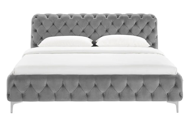 Lit double MODERN BAROCK 180x200 cm – Velours gris Chesterfield avec pieds argentés