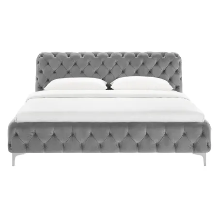 Lit double MODERN BAROCK 180x200 cm – Velours gris Chesterfield avec pieds argentés