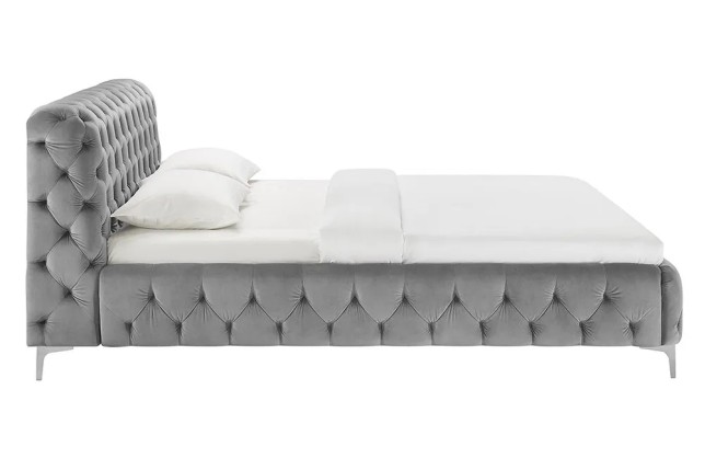 Lit double MODERN BAROCK 180x200 cm – Velours gris Chesterfield avec pieds argentés