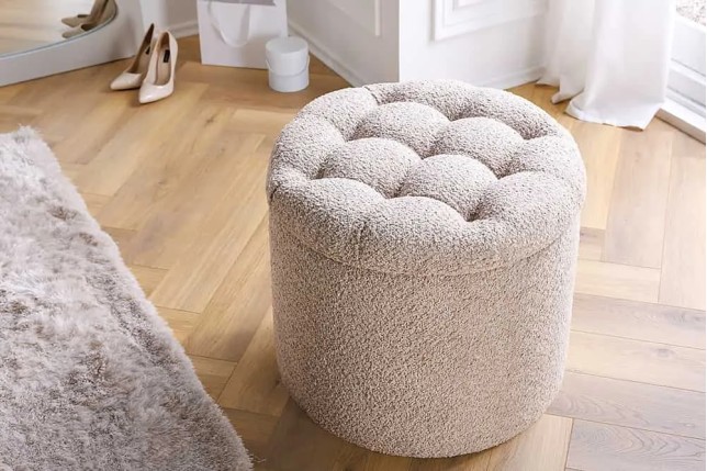 Pouf MODERN BAROCK 50cm – Pouf design champagner Bouclé avec espace de rangement