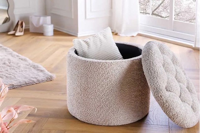 Pouf MODERN BAROCK 50cm – Pouf design champagner Bouclé avec espace de rangement
