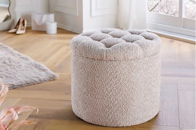 Pouf MODERN BAROCK 50cm – Pouf design champagner Bouclé avec espace de rangement