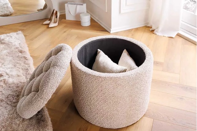 Pouf MODERN BAROCK 50cm – Pouf design champagner Bouclé avec espace de rangement