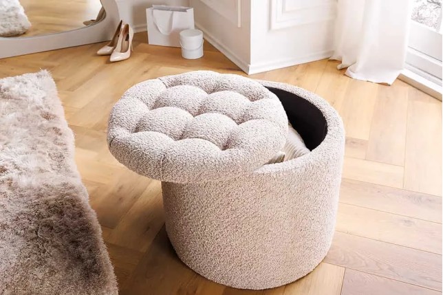 Pouf MODERN BAROCK 50cm – Pouf design champagner Bouclé avec espace de rangement