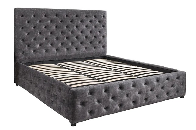 Boxbett PARIS 180x200cm – Lit coffre design Chesterfield en velours gris avec rangement intégré