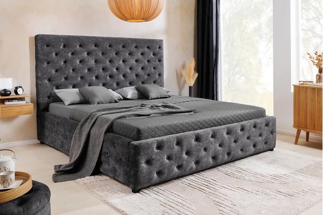 Boxbett PARIS 180x200cm – Lit coffre design Chesterfield en velours gris avec rangement intégré