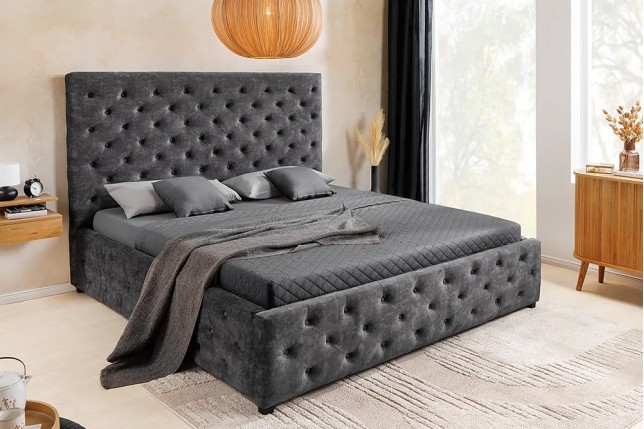 Boxbett PARIS 180x200cm – Lit coffre design Chesterfield en velours gris avec rangement intégré