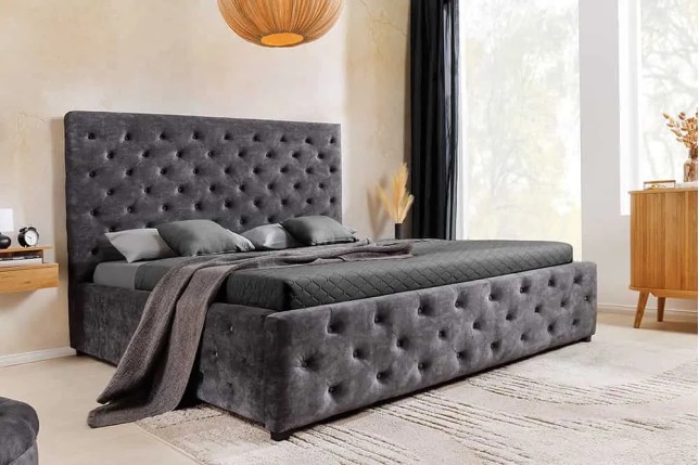 Boxbett PARIS 180x200cm – Lit coffre design Chesterfield en velours gris avec rangement intégré