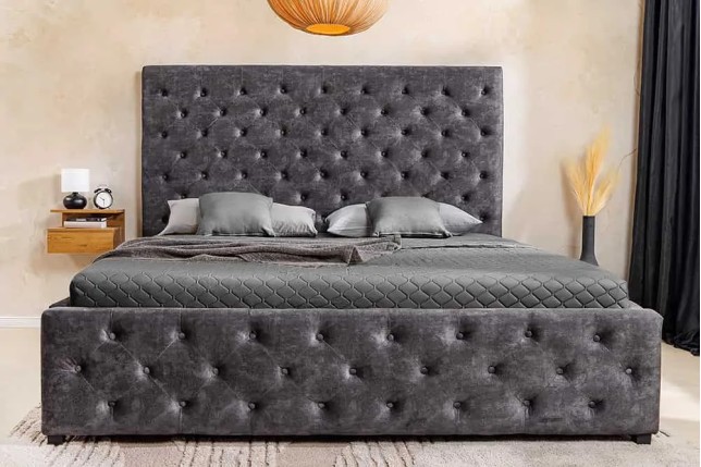 Boxbett PARIS 180x200cm – Lit coffre design Chesterfield en velours gris avec rangement intégré