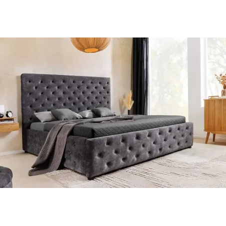 Boxbett PARIS 160x200cm – Lit double Chesterfield en velours gris avec rangement intégré