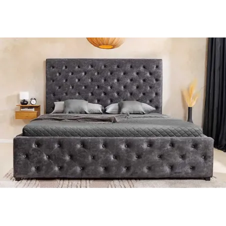 Boxbett PARIS 160x200cm – Lit double Chesterfield en velours gris avec rangement intégré