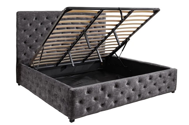 Boxbett PARIS 160x200cm – Lit double Chesterfield en velours gris avec rangement intégré