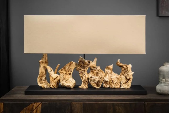 Lampe de table design PURE UNIQUE 80 cm – Bois flotté naturel et abat-jour en lin beige