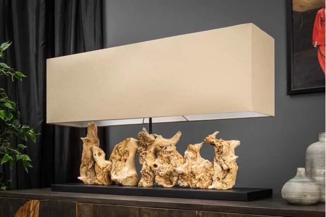Lampe de table design PURE UNIQUE 80 cm – Bois flotté naturel et abat-jour en lin beige