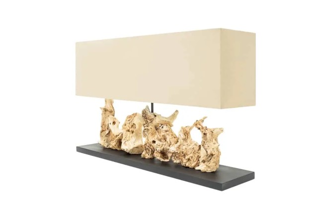 Lampe de table design PURE UNIQUE 80 cm – Bois flotté naturel et abat-jour en lin beige