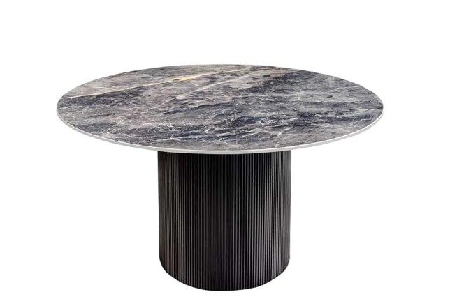 Table à manger ronde UNIQUE Ø120 cm – Plateau en céramique noire effet marbre & pied colonne