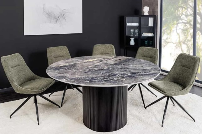 Table à manger ronde UNIQUE Ø120 cm – Plateau en céramique noire effet marbre & pied colonne